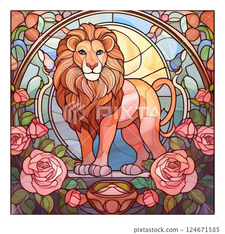 Retro stained glass 7 of lion and rose / material for flyers and posters Retro stained glass 7 of lion and rose / material for flyers and posters 124671585