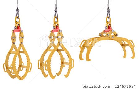 Log lifting tongs isolated on white background in three poses - 3D illustration 124671654