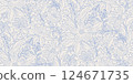 A seamless floral line-art pattern with delicate blue outlines on a light background. Ideal for wallpapers, textile designs, stationery, packaging, fabric prints, wrapping paper, greeting cards. 124671735