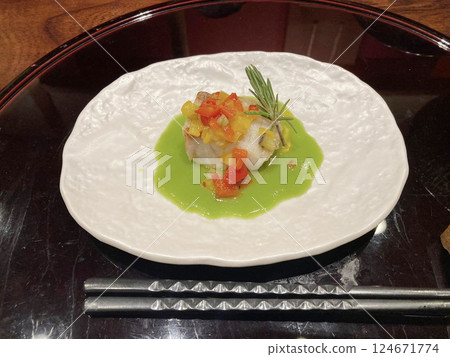 烤鱈魚佐青豆醬 烤鱈魚佐青豆醬 124671774