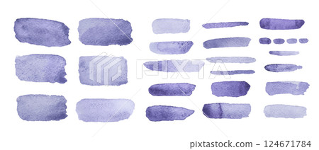 Violet watercolor brush strokes showcasing various shapes and textures for artistic inspiration 124671784