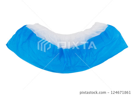 Disposable blue shoe covers isolated on white background. Blue overshoes isolated Disposable blue shoe covers isolated on white background. Blue overshoes isolated 124671861