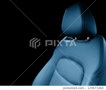 Car blue leather interior. Part of orange leather car seat details with white stitching. Interior of prestige car. Perforated leather seats isolated. Perforated leather. Car blue leather interior. Part of orange leather car seat details with white stitching. Interior of prestige car. Perforated leather seats isolated. Perforated leather. 124671868