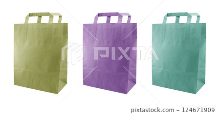 Side view three empty blank disposable paper fast food tray isolated on white background. Paper bag isolated. Paper package Side view three empty blank disposable paper fast food tray isolated on white background. Paper bag isolated. Paper package 124671909