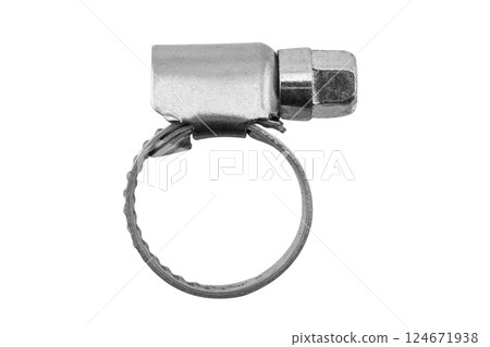 Metal clamp for hose connection isolated on white background. Macro shot New metal hose clamp isolated on white Metal clamp for hose connection isolated on white background. Macro shot New metal hose clamp isolated on white 124671938