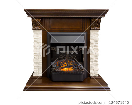Dark wood burning fireplace isolated on white background. Stone burning fireplace.Luxury artificial electronic fireplace with firewoods isolated Dark wood burning fireplace isolated on white background. Stone burning fireplace.Luxury artificial electronic fireplace with firewoods isolated 124671940