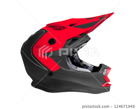 Offroad motocross helmet isolated on white background. Side view of full face color helmet for downhill mountain bike racing. Extreme sport equipment isolated Offroad motocross helmet isolated on white background. Side view of full face color helmet for downhill mountain bike racing. Extreme sport equipment isolated 124671948