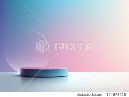 minimalist 3d display stand mockup with blue round platform and glass circle on gradient background product showcase 124672016