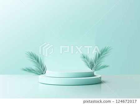 3d blue podium display with tropical palm leaves mockup for modern product showcase 3d blue podium display with tropical palm leaves mockup for modern product showcase 124672017