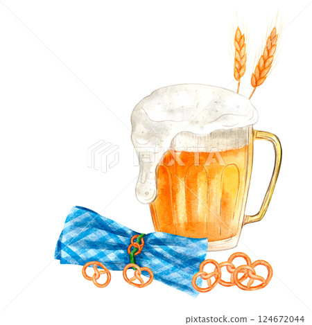 Composition of elements: beer, malt, pretzel, blue napkin, digital watercolor illustration. 124672044