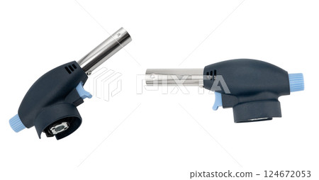 Manual gas torch burner isolated on white background. Flame gun blow torch for camping. Blowtorch to gas bottle isolated. Manual gas torch burner isolated on white background. Flame gun blow torch for camping. Blowtorch to gas bottle isolated. 124672053