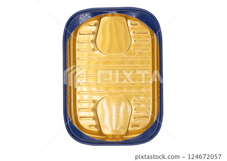 Empty opened aluminium can isolated on white background. Aluminium can background. Aluminium beverage cans. Drink or food can. Metal containers for packaging 124672057