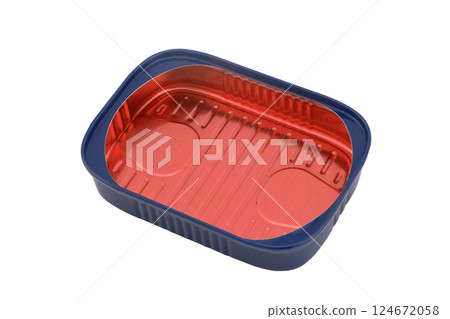 Empty opened aluminium can isolated on white background. Aluminium can background. Aluminium beverage cans. Drink or food can. Metal containers for packaging 124672058
