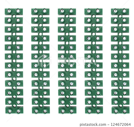 Electric wire connectors terminal strip block isolated on white background. Set of white plastic electrical terminal Electric wire connectors terminal strip block isolated on white background. Set of white plastic electrical terminal 124672064