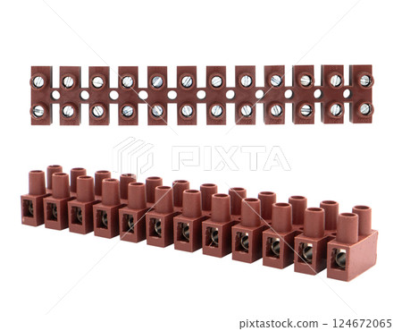 Electric wire connectors terminal strip block isolated on white background. Set of white plastic electrical terminal Electric wire connectors terminal strip block isolated on white background. Set of white plastic electrical terminal 124672065