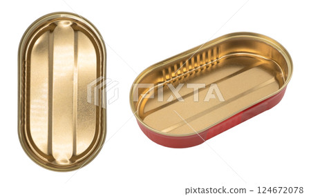 Empty opened aluminium can isolated on white background. Aluminium can background. Aluminium beverage cans. Drink  or food can. Metal containers for packaging 124672078