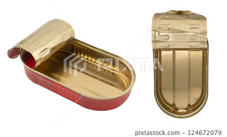 Empty opened aluminium can isolated on white background. Aluminium can background. Aluminium beverage cans. Drink  or food can. Metal containers for packaging 124672079