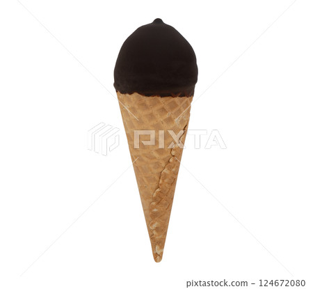 Ice cream scoops dipped in chocolate in waffle cones isolated on white background. Ice cream isolated. 124672080