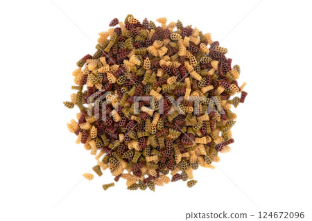 Pasta isolated on white background. Delicious pasta or fusilli noodles. Italian raw noodles. Homemade dry noodles. Spaghetti surface 124672096