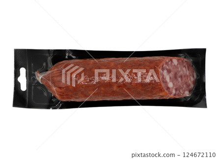 Top view of smoked meat salami in vacuum package isolated on black background. Raw smoked salami sausage isolated 124672110
