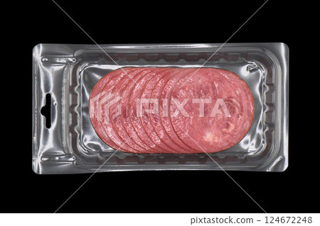 Sliced smoked beef meat in vacuum package isolated on black background. Raw smoked packaged meet isolated 124672248