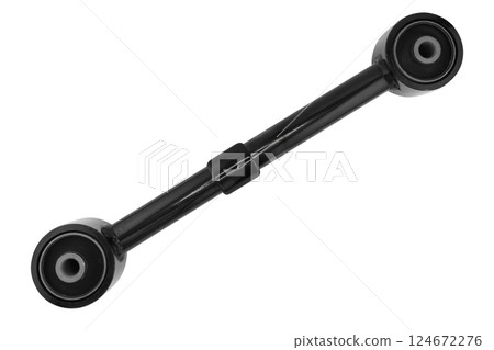 Front lower control arm isolated. New car wheel suspension arm isolated on white background. Quality spare parts for car service or maintenance Front lower control arm isolated. New car wheel suspension arm isolated on white background. Quality spare parts for car service or maintenance 124672276