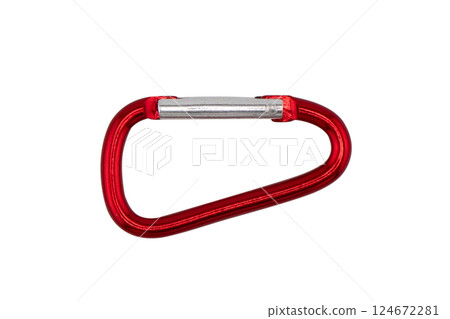 Metal carabiner on a screw isolated on a white background. Stainless steel safety carabiner isolated Metal carabiner on a screw isolated on a white background. Stainless steel safety carabiner isolated 124672281