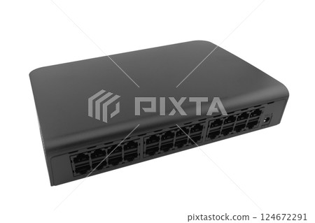 Networking ethernet 24 port switch isolated on white background. Ethernet hub, active hub, network hub, repeater hub, multiport repeater 24 ports with uplink port 124672291