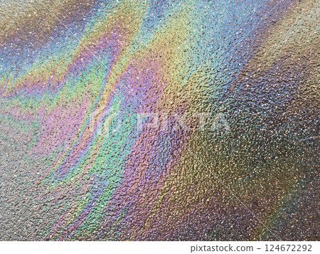 Oil petrol pollution. Ecological disaster. Slick industry oil fuel spilling ground pollution. Ground with patches of gasoline and oil. Ecological catastrophe. Concept of environmental problems 124672292