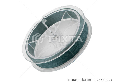 Fishing braided line isolated on white background. Spool of blue cord isolated. Spool of braided fishing line. 124672295