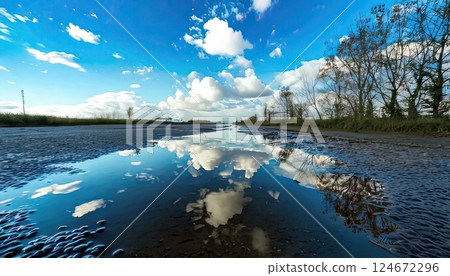 AI image: Water-filled road reflecting the blue sky 124672296