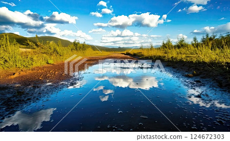 AI image: Water-filled road reflecting the blue sky 124672303