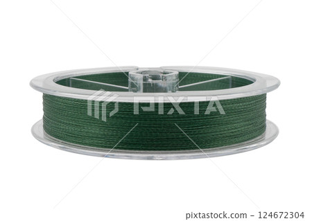 Fishing braided line isolated on white background. Spool of blue cord isolated. Spool of braided fishing line. Fishing braided line isolated on white background. Spool of blue cord isolated. Spool of braided fishing line. 124672304