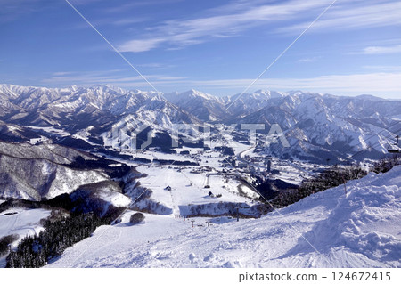 從岩原滑雪場山頂遠眺湯澤町和谷川山脈 124672415