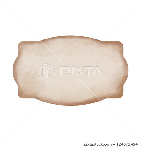 Empty vintage oval label in beige with distressed edges, watercolor illustration. Rustic handwritten style for jars, bottles and apothecary products. Grunge texture and soft vignette effect 124672454
