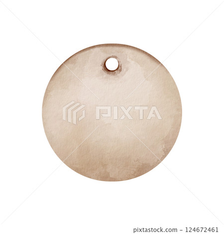 Vintage round tag with hole for string,watercolor illustration on beige distressed paper.Blank center space for custom text,vignette edges.For jars, bottles and apothecary products in rustic style Vintage round tag with hole for string,watercolor illustration on beige distressed paper.Blank center space for custom text,vignette edges.For jars, bottles and apothecary products in rustic style 124672461
