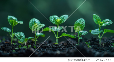 Closeup of Emerging Two-Leaf Seedling in Garden Soil. 124672558