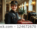 A smiling hotel bellboy assisting guests with their luggage in hospitality industry, tourism concept. Ai generated. 124672670