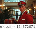 A smiling hotel bellboy assisting guests with their luggage in hospitality industry, tourism concept. Ai generated. 124672671