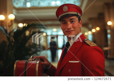 A smiling hotel bellboy assisting guests with their luggage in hospitality industry, tourism concept. Ai generated. 124672671