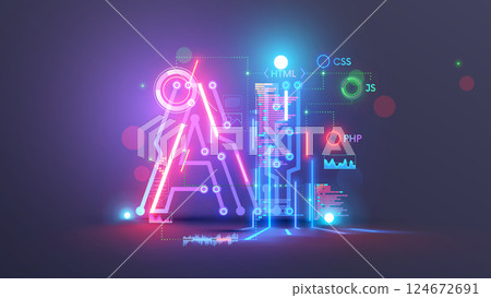 AI logo. Abstract technology conceptual background with AI letters. AI text consist at pcb, electronic signals, text of code programs, computer languages. Artificial intelligence programming, coding. 124672691