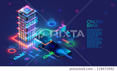 Mobile bank conceptual illustration. Internet online banking on phone. access to money on bank card via app on smartphone. Digital Financial services and pay in online store. Mobile banking phone app. 124672692