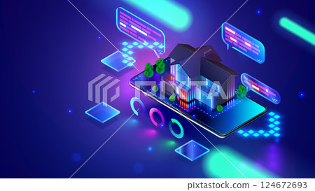 Smart home controlled smartphone. Internet of things technology of home automation system. Small house standing on screen mobile phone and wireless connections with icons home electronics devices. iot Smart home controlled smartphone. Internet of things technology of home automation system. Small house standing on screen mobile phone and wireless connections with icons home electronics devices. iot 124672693