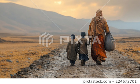 Refugee family walking through a barren landscape hopeful expressions warm lighting 124672701