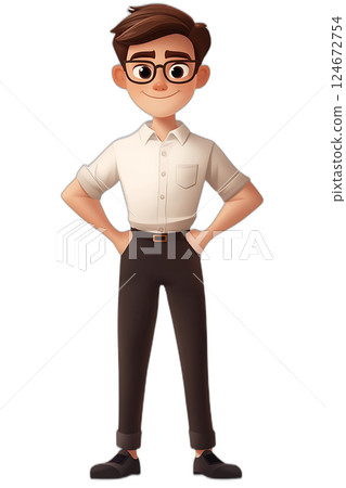Cartoon schoolboy standing with hands on hips, confident and proud, floating cleanly on transparent background 124672754