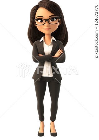 Animated female teacher standing confidently with arms crossed, professional yet friendly, floating, transparent BG 124672770