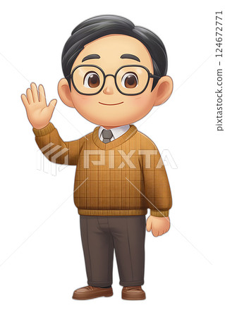 Cartoon male teacher waving hand, warm smile, animated motion, floating effect, no shadow, transparent background 124672771