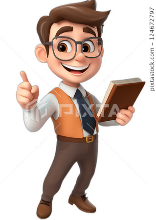 Cheerful cartoon male teacher holding a book, pointing forward, floating midair, bright colors, transparent background 124672797