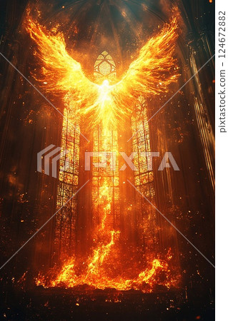 Pentecost background with divine flame over church, glowing windows, sacred moment 124672882