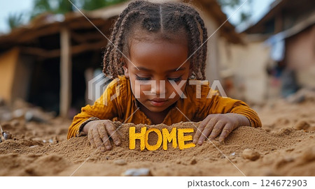 A child writing 'home' in the sand symbolic of displacement and hope 124672903